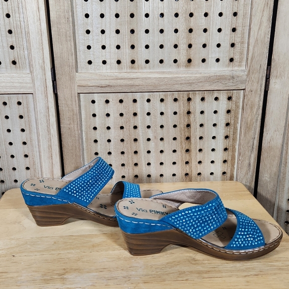 Via Pinky Rhinestone Slides Wedge Sandals Blue Sparkle Summer Shoes - Picture 3 of 7